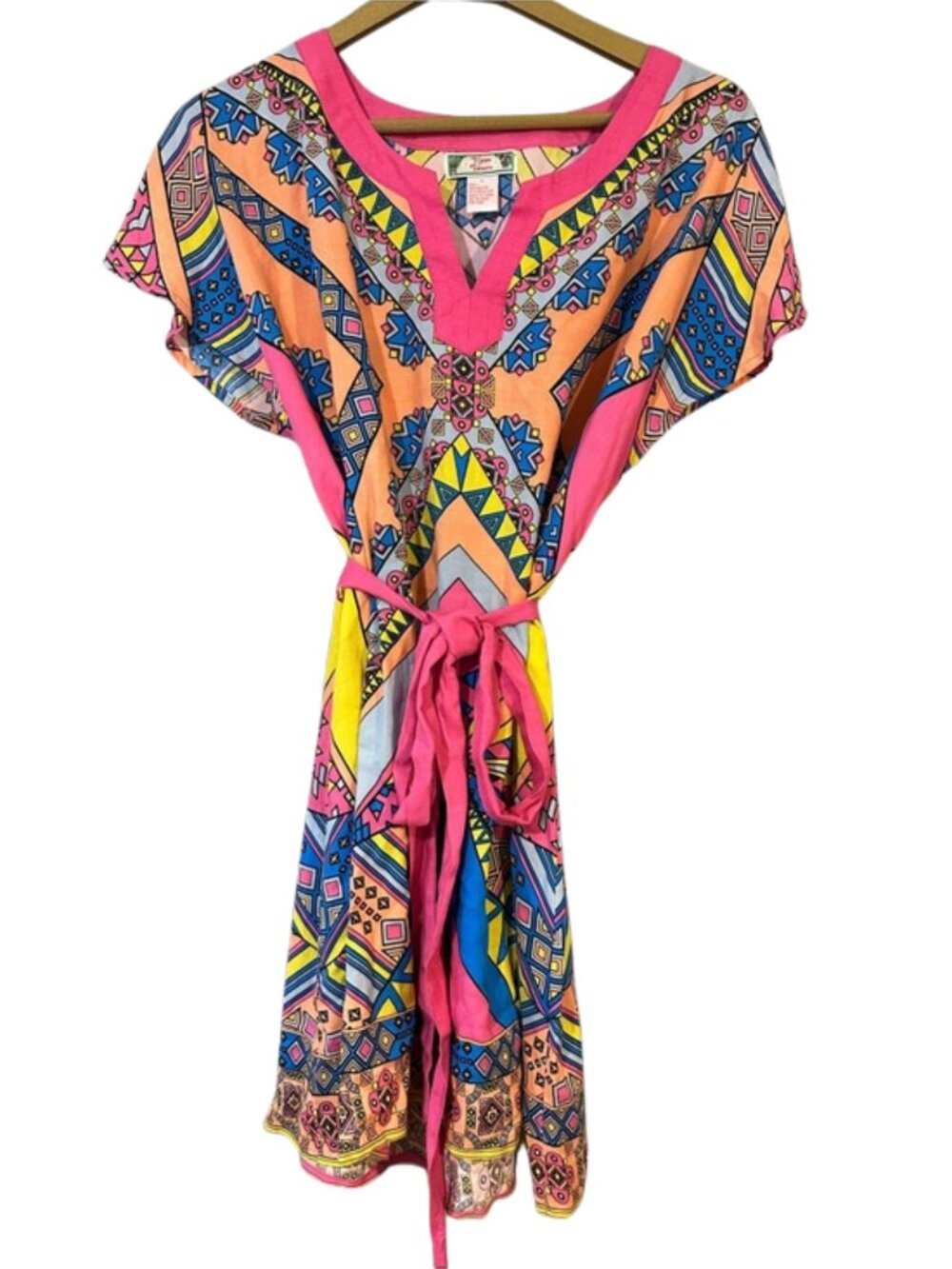 NWT Flying Tomato Pink Multi Geo Boho Dress Tie Waist Size L
